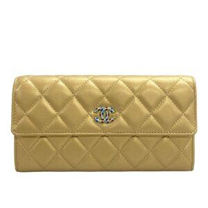 Chanel Wallet Quilted Beige Light Blue Multi Leather